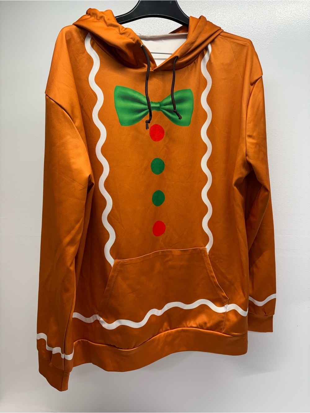 Men's Orange Gingerbread Hoodie Sweatshirt costume with Green Bow size XXL Xmas